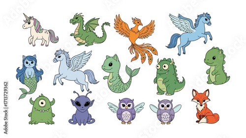 Magical Creatures Assemblage: A collection of whimsical creatures, including unicorns, dragons, phoenixes, mermaids, and more, presented in a colorful and captivating illustration. 