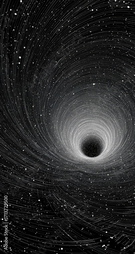 Monochromatic vortex spiraling into a dark abyss, strewn with glittering particles, evokes a cosmic, infinite sense of depth and mystery