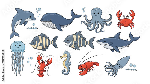 Underwater Creatures: A captivating illustration showcasing a medley of adorable marine animals, a testament to the splendor of the ocean's wonders.