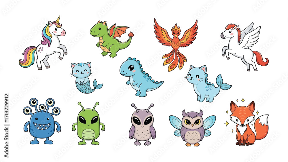 Obraz premium Whimsical Creature Collection: A delightful gathering of cartoonish creatures, each radiating charm and fantasy, poised against an immaculate backdrop, waiting to unleash their creative energy.