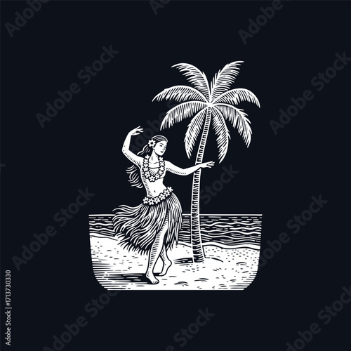 engraving style illustration featuring a Polynesian woman performing the Hula dance on a sandy beach, with a palm tree and ocean waves in the background