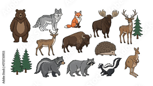 Forest Animal Assortment: A captivating compilation of various forest animals, showcasing diverse species such as bears, wolves, foxes, moose, deer, and others in a charming display. 