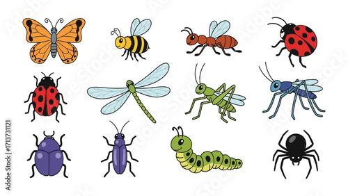 Assortment of Animated Insects: A vibrant collection of animated insects, each intricately designed and colorful, is poised against a plain backdrop, ready to inject life into educational materials.