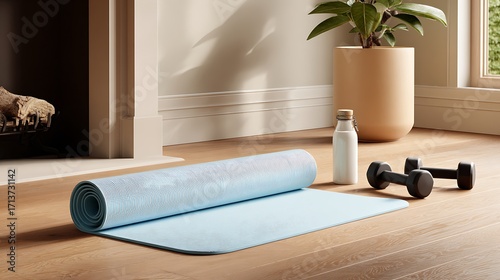 Yoga Mat and Fitness Equipment for a Home Workout / 自宅トレーニング用のヨガマットとフィットネス器具
