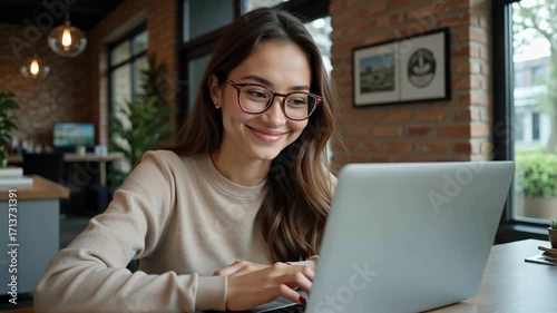 Confident young professional working on laptop, then looking at camera with a warm smile in modern office, perfect for business presentations