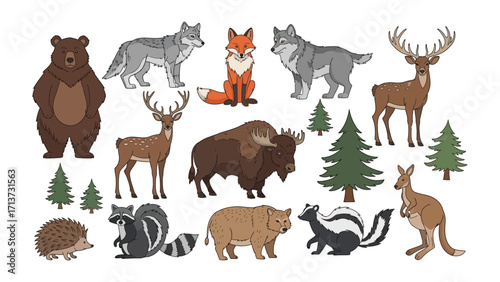 Wildlife Group: A diverse gathering of woodland creatures showcases the beauty and diversity of the animal kingdom, including bear, wolf, deer, fox, kangaroo and other, in a captivating illustration.