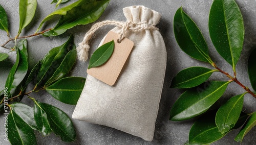 A small, off-white fabric drawstring bag rests on a gray surface, adorned with a blank tag and surrounded by lush green leaves