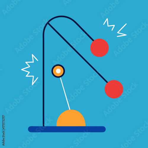 Conservation of momentum illustration of a pendulum with red spheres and a blue background