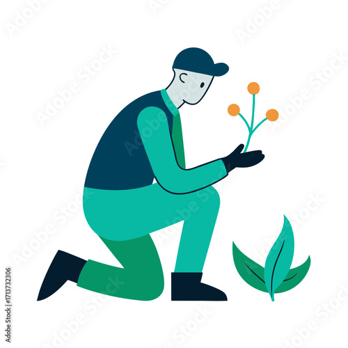 Gardener kneeling carefully tending to a small plant with orange berries