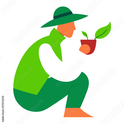 Gardener in a hat tending to a small plant in a pot
