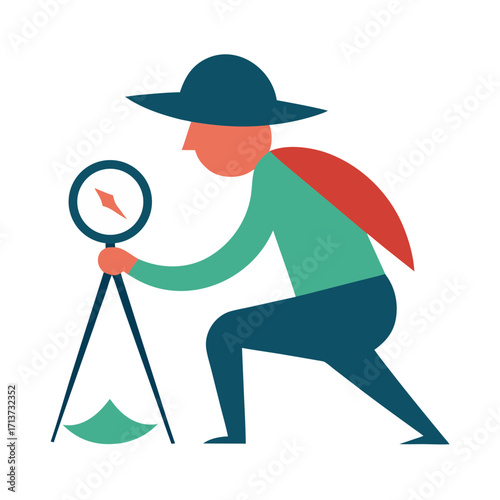 Adventurer with compass on tripod exploring the outdoors