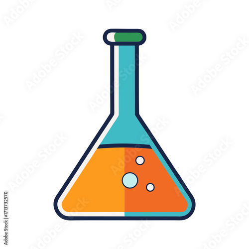 Cartoon erlenmeyer flask with orange liquid and bubbles on black background