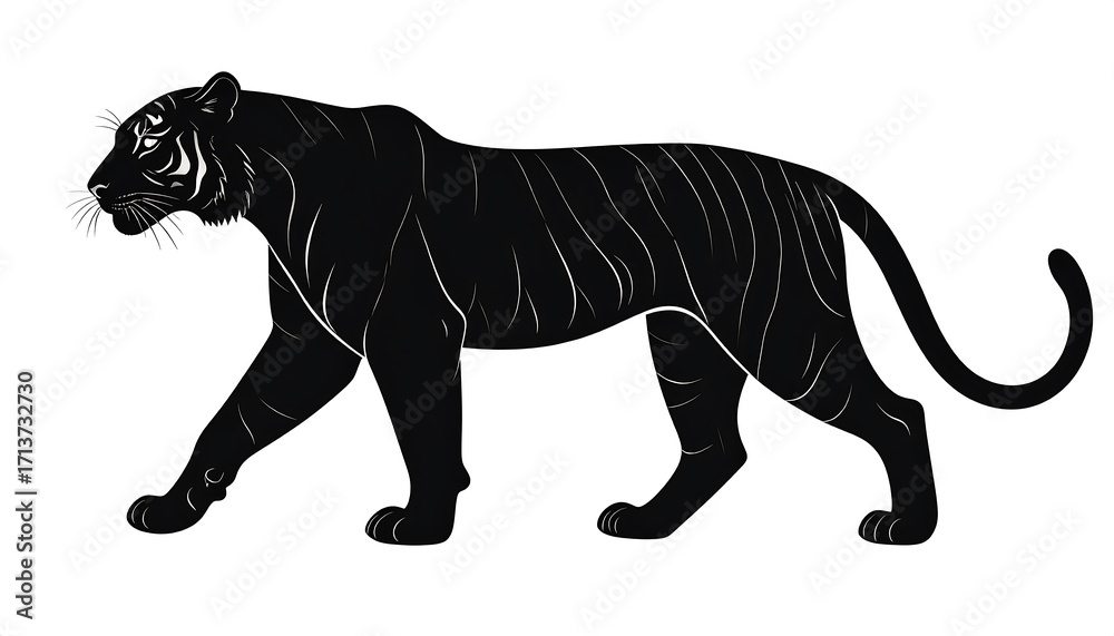 Obraz premium A strong, walking tiger silhouette showcases intricate details against a plain white background.