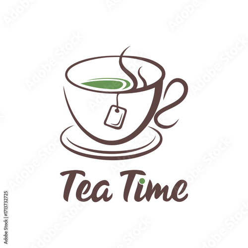 Brown teacup with green tea and tag on saucer with text Tea Time drink