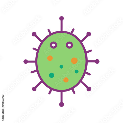 Pathogen illustration of a green virus with purple spikes and colorful dots
