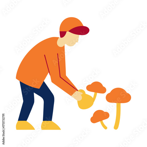 Gardener tending to bright orange mushrooms with a watering can