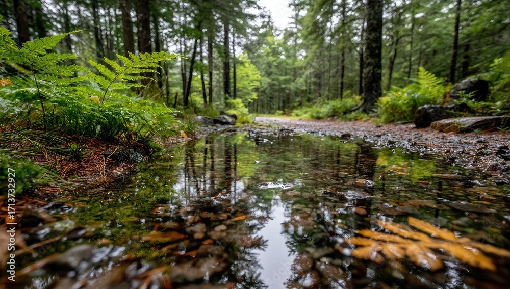 Obraz premium Tranquil forest path puddle reflecting trees and foliage, after rain
