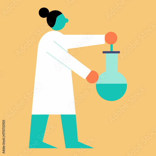 Scientist in lab coat holding a flask with blue liquid