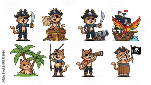 Pirate Cat Adventure: A collection of playful illustrations depicts a fearless cat embracing the adventurous life of a pirate, complete with treasure, a ship, and a parrot.