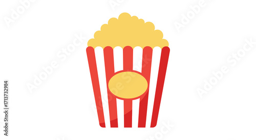 A bright red and white striped popcorn bucket filled with golden popcorn