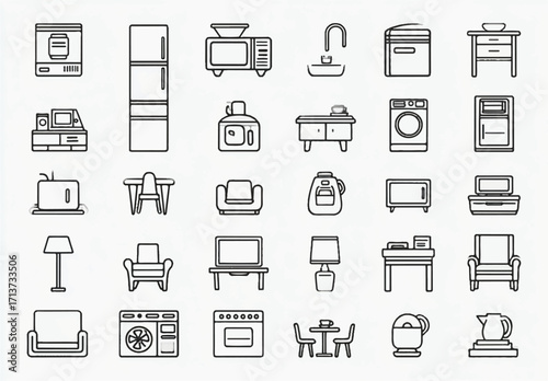 Collection of Minimalist Furniture and Appliance Icons with Clean Lines and Modern Style