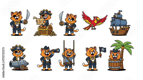 Adventures of the Cartoon Pirate Cat: Explore a collection of cute cartoon pirate cat illustrations, each engaged in nautical adventures with a parrot and ship.