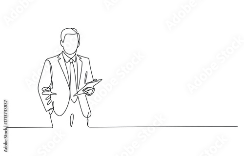A single continuous line sketch portrays a professional businessman in a suit, holding a clipboard. The artwork conveys focus, professionalism, and a modern minimalist aesthetic ideal for business con