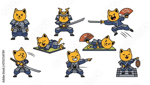 Samurai Shiba Inu in Action: A captivating illustration showcases a Shiba Inu dog in various action poses, donned in traditional samurai attire, exuding a sense of bravery and precision. 