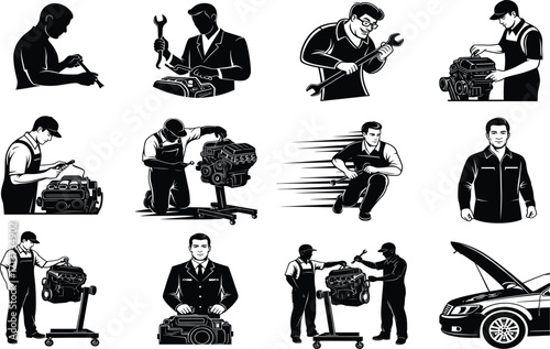 Automotive technician silhouette set, black-and-white, mechanics inspecting engines, wrenching, running, teamwork, vector, isolated car repair action bundle