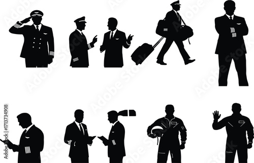 Aviation crew silhouette set, black, pilots and staff saluting, conversing, walking, reading, waving, vector, isolated airline role bundle