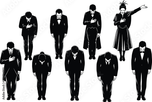 Bowing silhouette set, black, formal professionals in suits and dresses showing respect, vector, isolated ceremonial and gratitude posture bundle