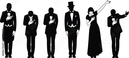 Bowing silhouette set, black, formal figures in suits and dresses showing respect, vector, isolated ceremonial and theatrical posture bundle