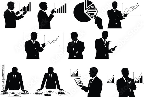 Business analytics silhouette set, black, professionals presenting charts, graphs, documents, vector, isolated data visualization and strategy posture bundle