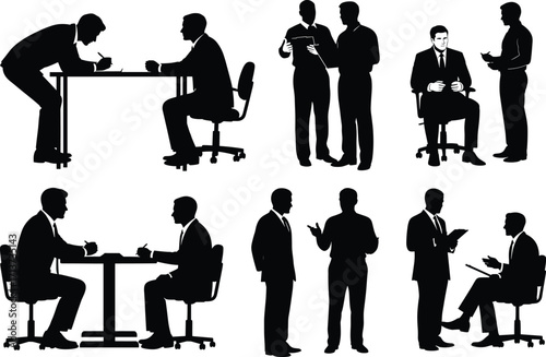 Business conversation silhouette set, black, professional pairs seated and standing, consulting, negotiating, gesturing, vector, isolated interaction posture bundle