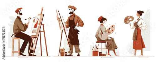 Diverse Group of Artists Painting on Easels and Holding Palettes in a Studio Environment