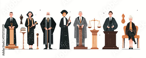 Diverse group of judges in court illustration showcasing legal profession and justice system integrity