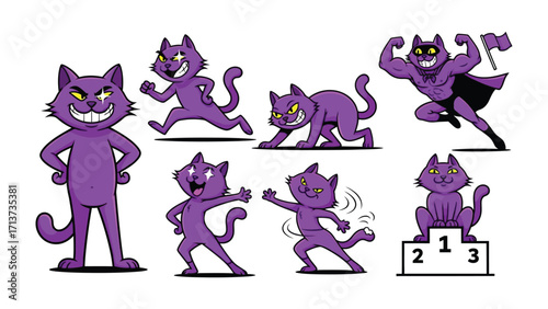 Cat Cartoon Set: A collection of purple cartoon cats in dynamic poses, embodying playful energy and expressive emotions. From standing tall to victorious poses.