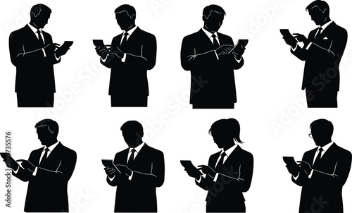Business professional silhouette set, black, individuals in suits using smartphones, vector, isolated modern communication and tech posture bundle