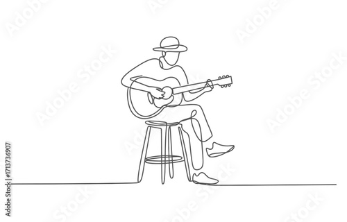 Minimalist continuous line drawing of a musician playing guitar seated on a stool vector, Continuous One Line art Vector illustration.