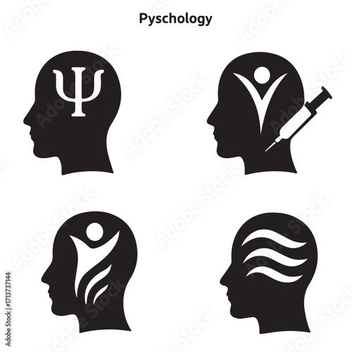 Psychology Silhouette Set  Human Head Profiles with Mental Health and Cognitive Symbols