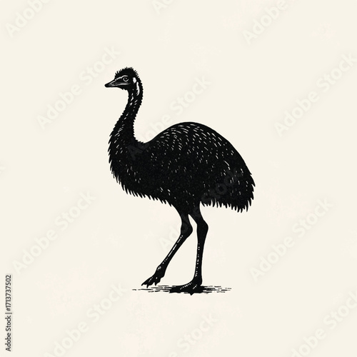 Elegant Emu Bird Black Silhouette Standing Tall with Detailed Feathers Against a Neutral Background Vector Illustration