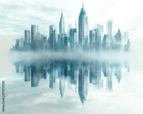 A city skyline reflected in a misty, ethereal landscape