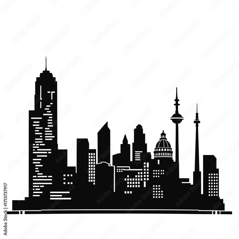 Naklejka premium A vector silhouette of New York City's downtown skyscraper skyline at night