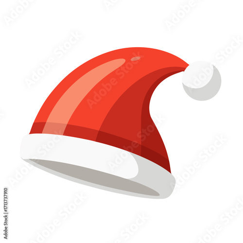 Red Santa hat with white fur trim and fluffy white pompom.
