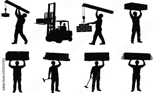 Construction worker silhouette set, black, lifting beams, bricks, tools, forklift, pulley systems, vector, isolated industrial labor bundle