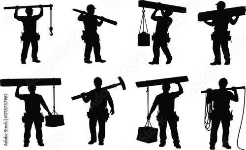 Construction worker silhouette set, black, professionals lifting beams, tools, helmets, ropes, vector, isolated manual labor and safety bundle