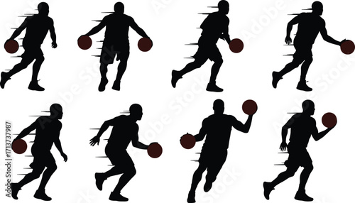 Basketball player silhouettes dribbling ball, running fast, dynamic motion, sports training, athlete movement, fitness action, competition, workout, vector illustration design