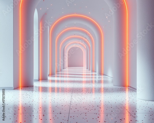 A futuristic, arched hallway with neon lighting