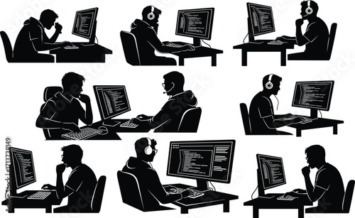 Developer silhouette set, black, coders seated at monitors, typing, thinking, headphones, vector, isolated programming and tech posture bundle