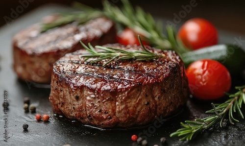 Two grilled steaks, garnished with rosemary and cherry tomatoes, on a dark stone surface